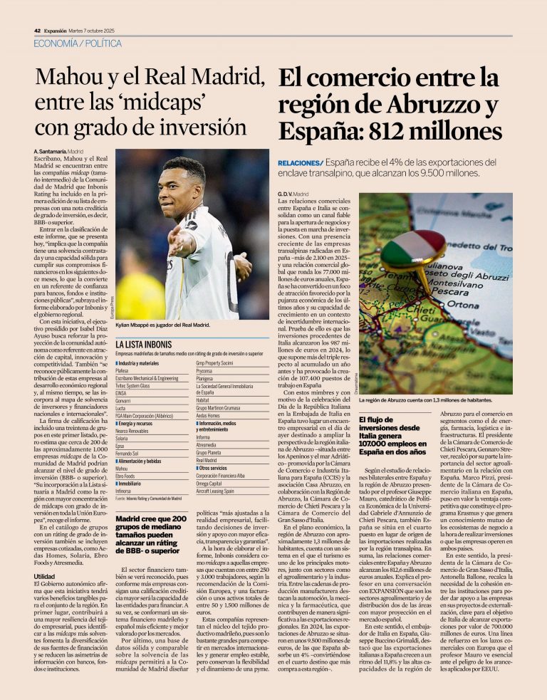 EXPANSIÓN – Il commercio tra la Regione Abruzzo e la Spagna, 812 milioni